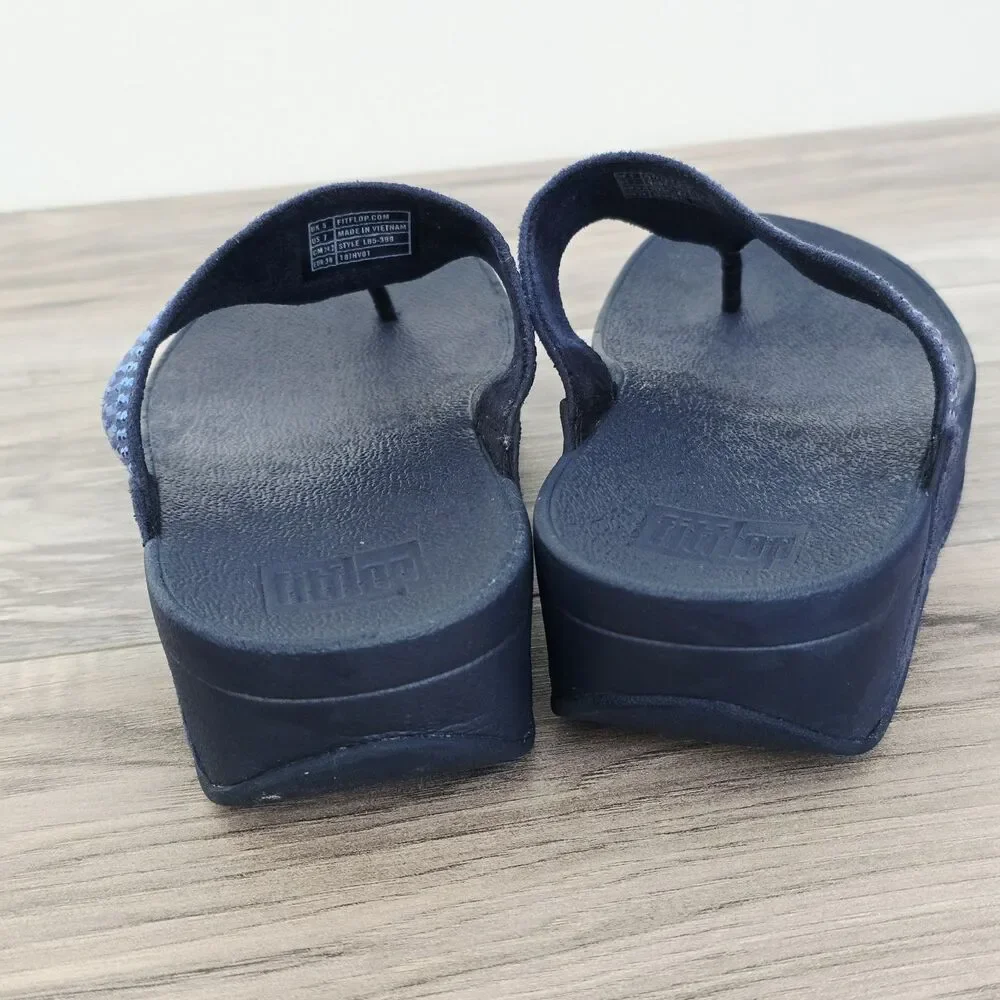 FitFlop Womens 7 Strobe Rhinestone Sandals Shoe Navy Thong Wedge SlipOn Comfort